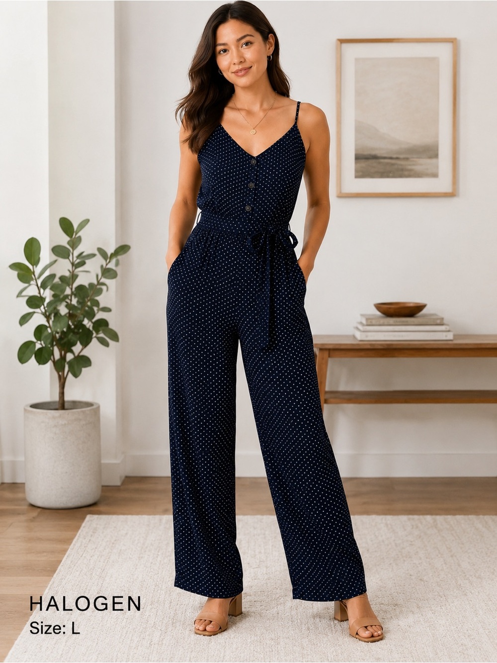 Halogen Navy Polka Dot Wide Leg Jumpsuit Size L Tie Waist Pockets